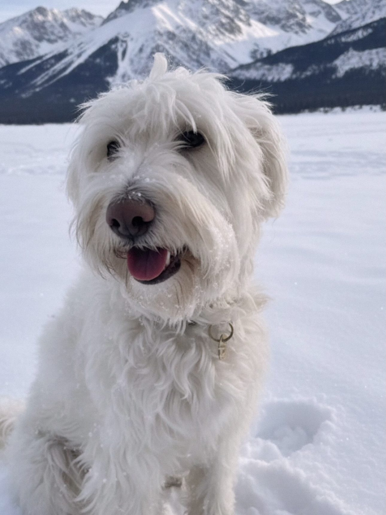 A white dog in the snow beneath mountains